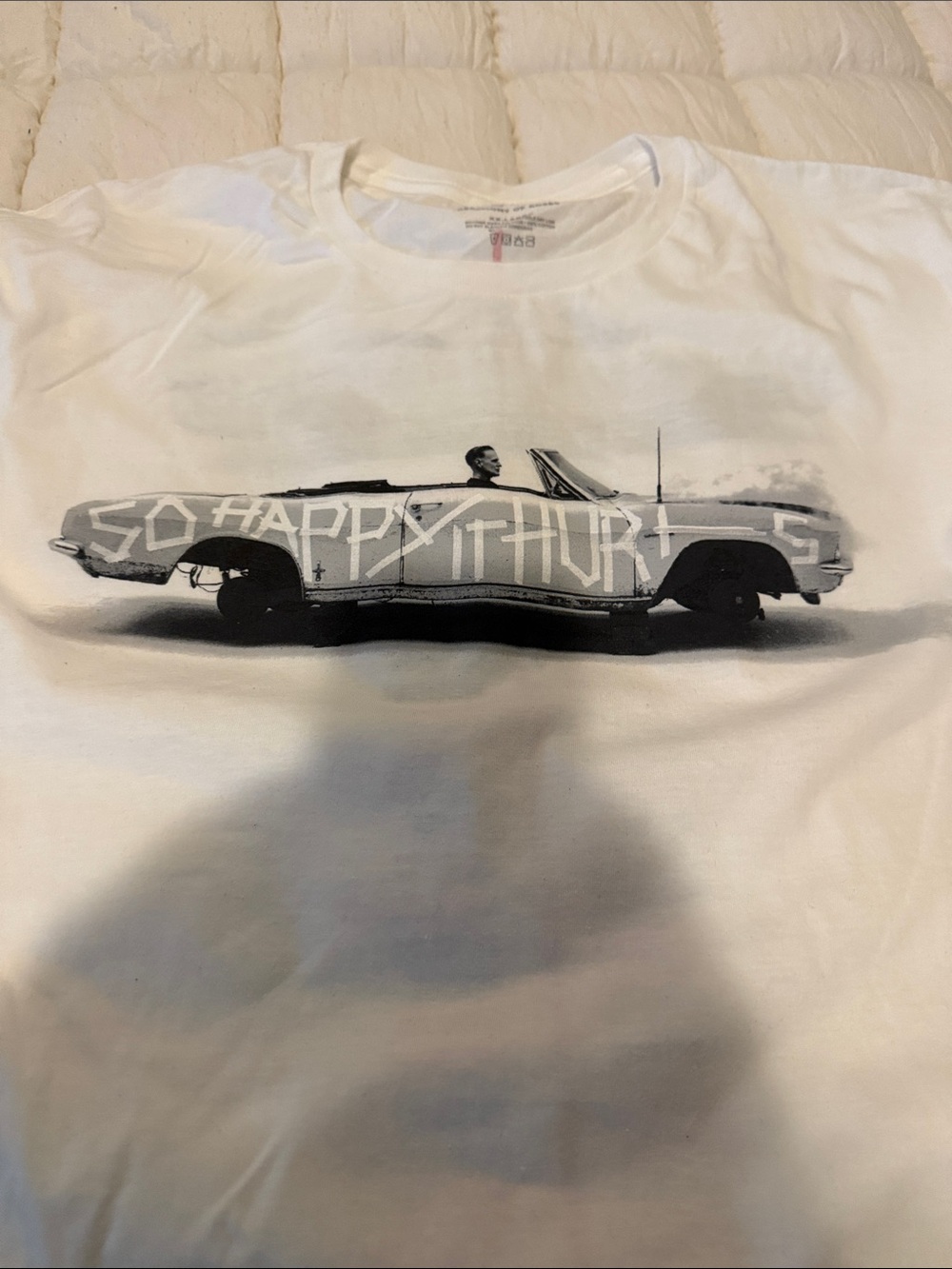 White Graphic Tee with Black Car Print Bryan Adam’s Concert T-Shirt